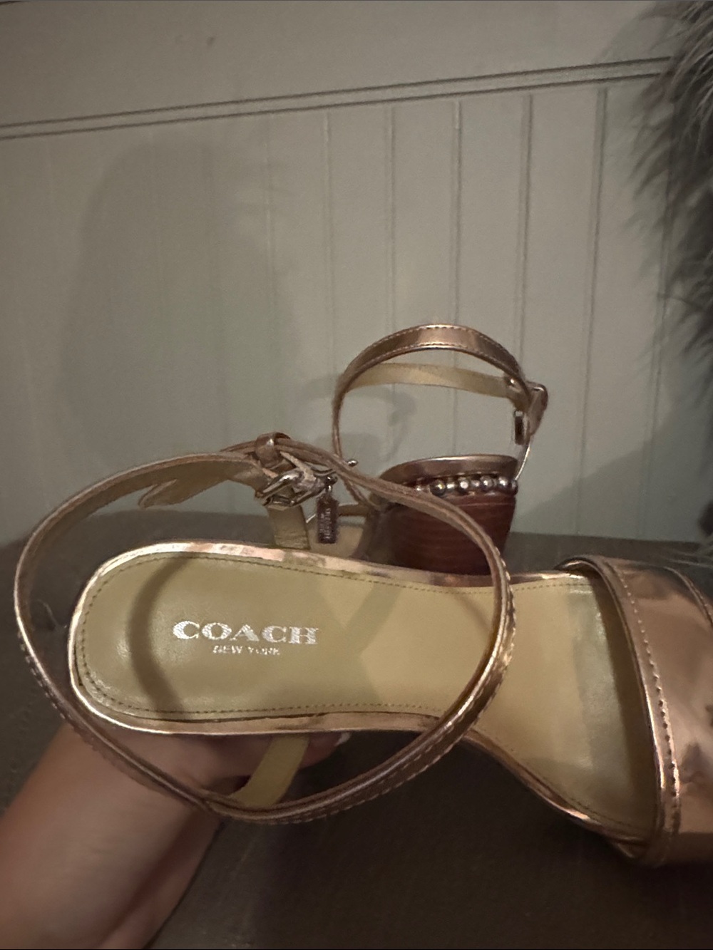 Coach Metallic Rose Gold Block Heel Sandals with Studded Trim - Picture 6 of 8